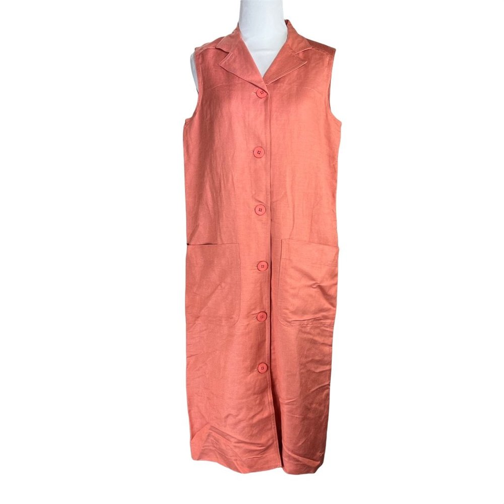 Moygashel Linen Shirt Dress Womans 6 Coral Button Front Pockets Vintage 60s